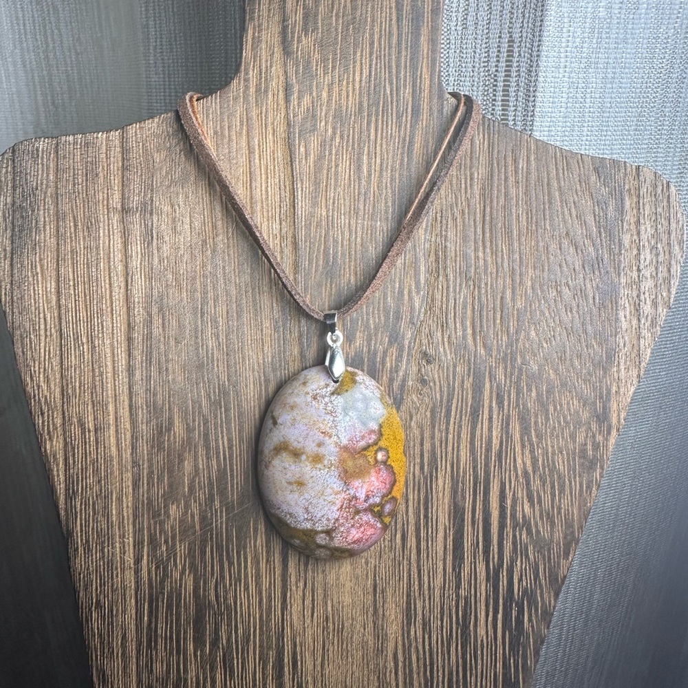 Ocean Jasper Oval Pendant Necklace on Brown Faux Suede - Picture 7 of 15